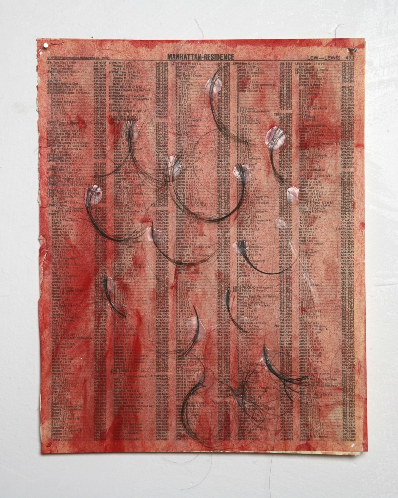 Kathleen White, &quot;Spirits (Lew-Lewis)&quot;, 1991-95
watercolor, glue, hair on phone book pages 11 &times; 8 1&frasl;2 inches (27.94 &times; 21.59 cm).
Courtesy The Estate of Kathleen White and Martos Gallery, New York