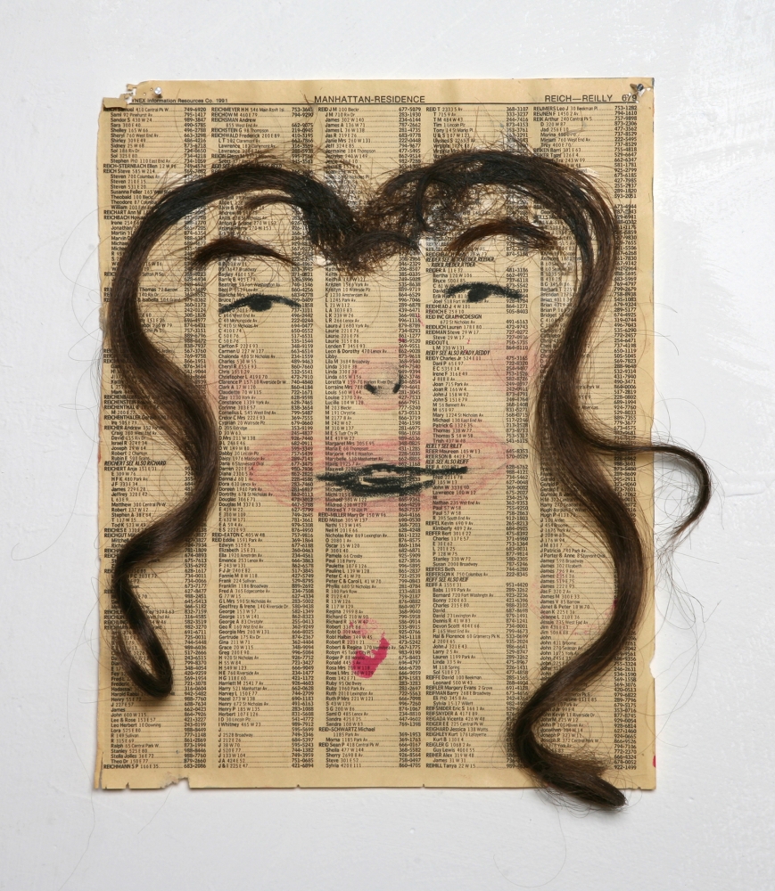 Kathleen White, &quot;Self Portrait, Spirit&quot;, 1995
watercolor, pencil, glue, hair on phone book page 11 &times; 8 1&frasl;2 inches (27.94 &times; 21.59 cm).
Courtesy The Estate of Kathleen White and Martos Gallery, New York