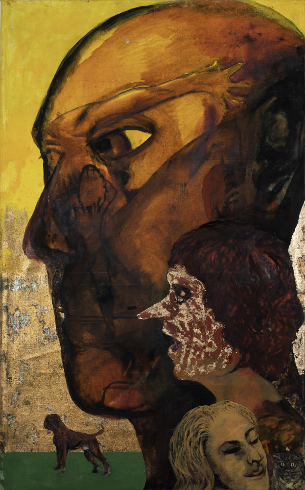 Stanislava Kovalcikova,&nbsp;Goldkopf, 2021, Oil, gold leaf and ink on canvas, 161 x 98 cm (64 x 39 inches), Courtesy Peres Projects
