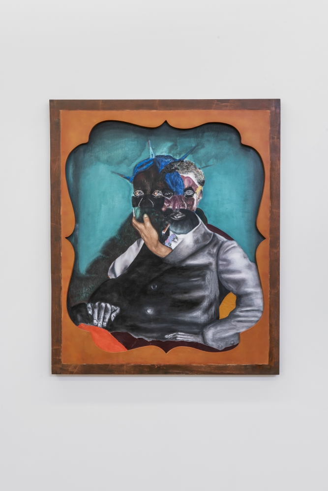 David Shrobe, Liberty on My Side, 2021 oil, acrylic, charcoal,&nbsp;gemstones, linen, felt, leather, wool, canvas, wood 48 x 40 x 2 in. 121.9 x 101.6 x 5.1 cm, courtesy of the artist and moniquemeloche Gallery, Chicago.
