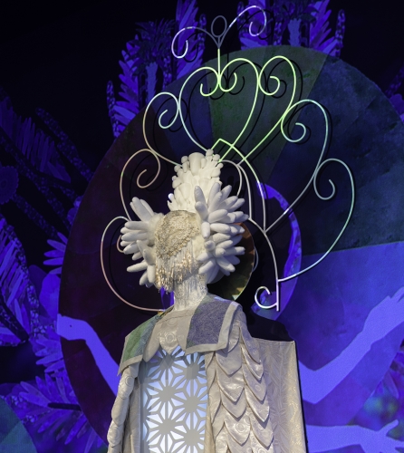 ChimaCloud Access Point (detail), 2019,&amp;nbsp;Video monitor in painted laser-cut steel with digital annimation, headdress&amp;nbsp;with 3-D printed element and painted steel,&amp;nbsp;lace-covered mannequin bust,&amp;nbsp;textiles, ceramic; Digitally printed vinyl decal. Copyright Saya Woolfalk, courtesy Leslie Tonkonow Artworks + Projects.